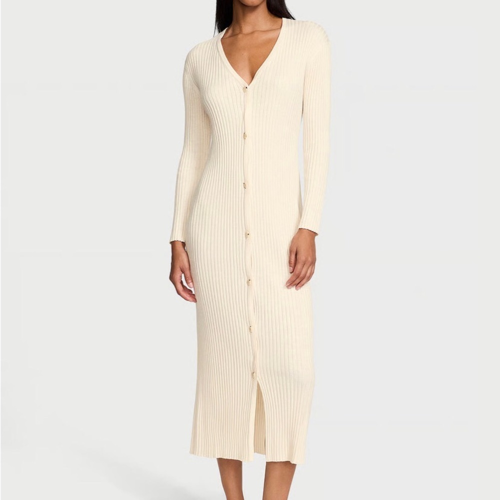 Ribbed Button-Front Midi Sweater Dress in Cream - Picture 3 of 9
